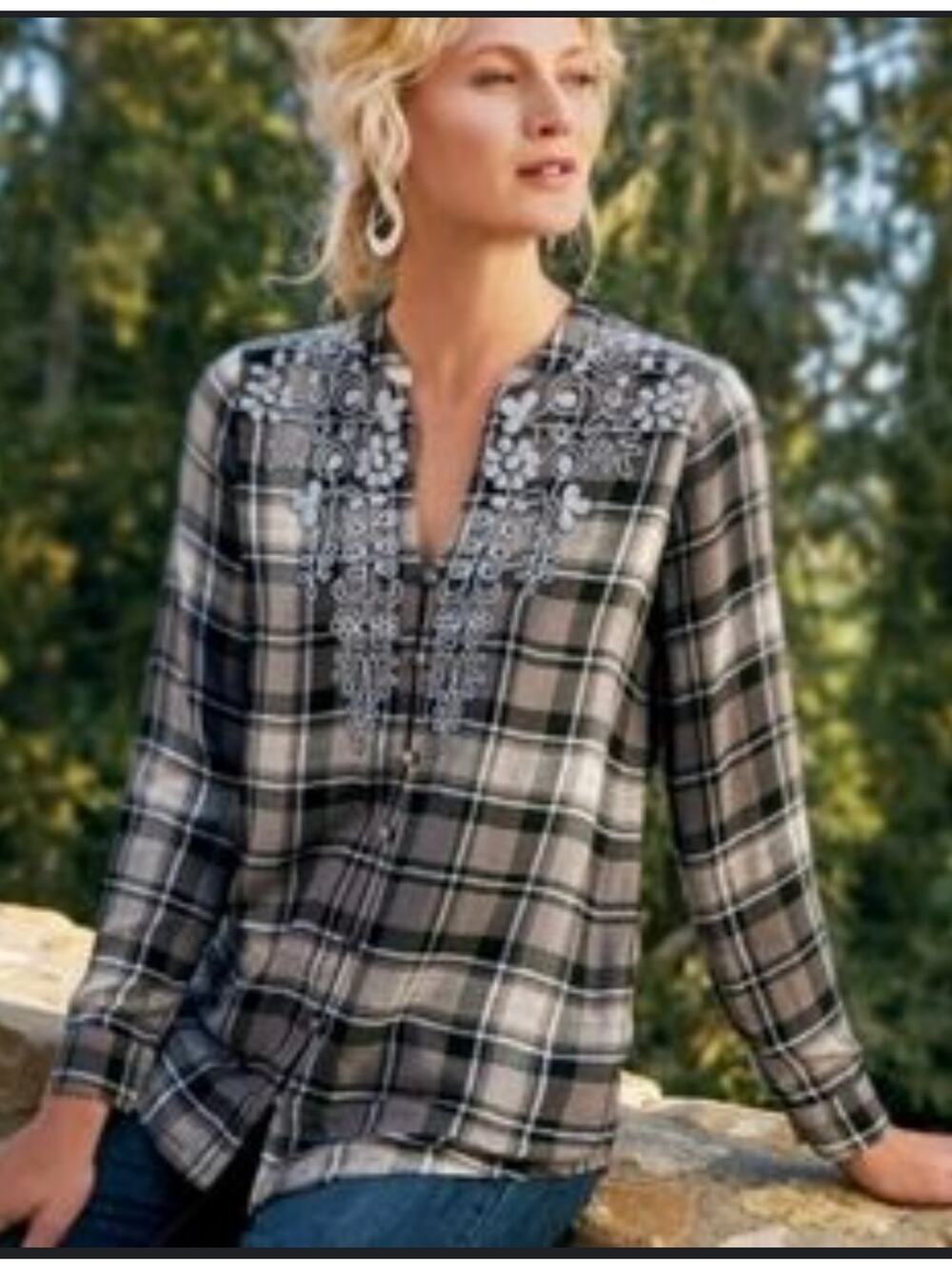 Soft Surroundings Estancia Plaid Embroidered Blouse Tunic Small Gray Flannel Top